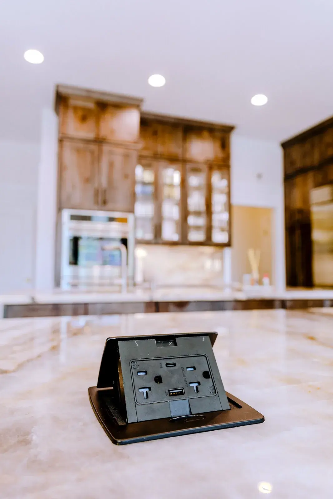 Kitchen island countertop with integrated power and working space