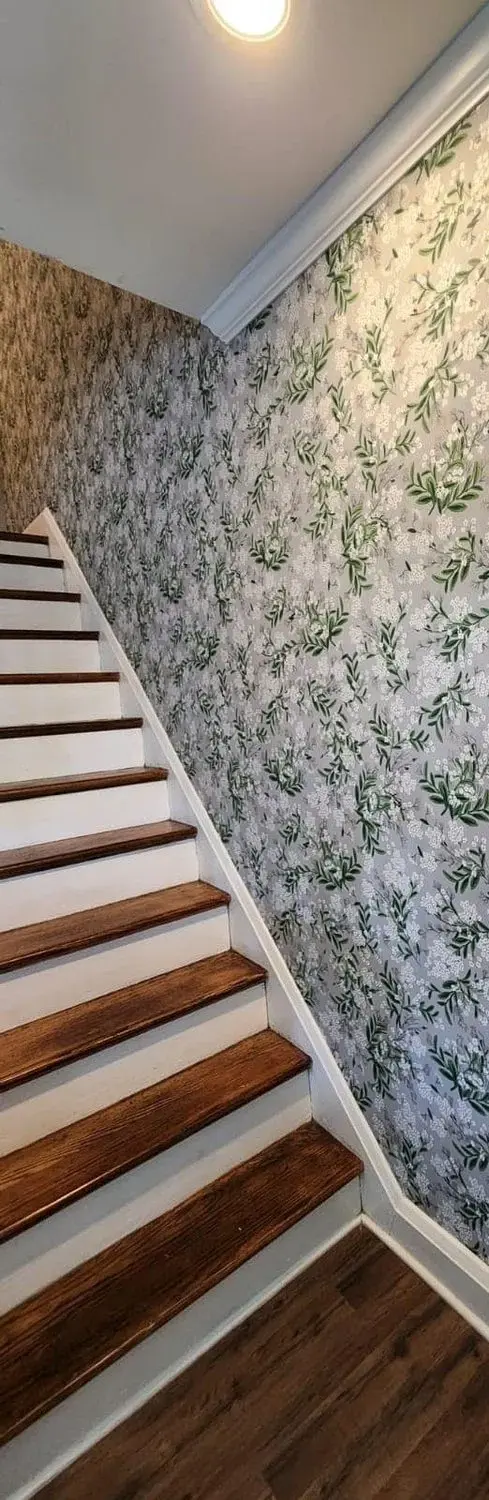Wood stair treads and landing showing stair installation detail