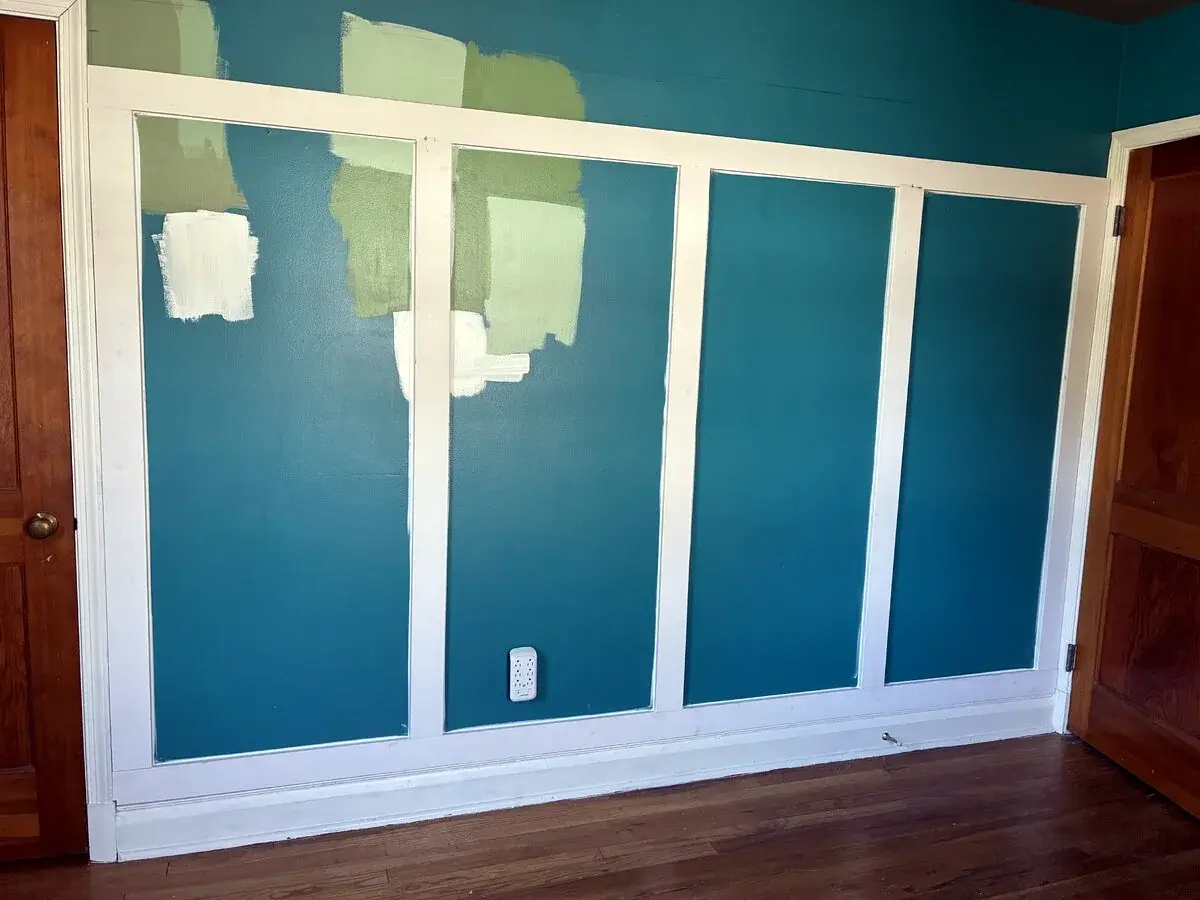 Board-and-batten wall detail installed before the final painted finish