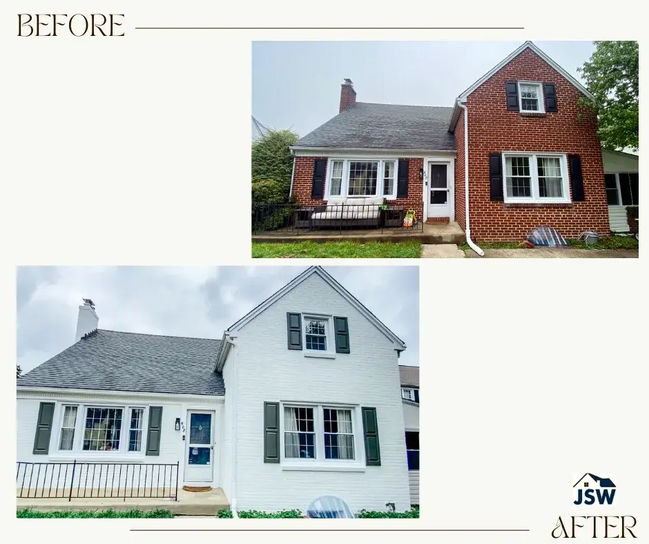 Before and after transformation of a brick home with a unified light exterior finish