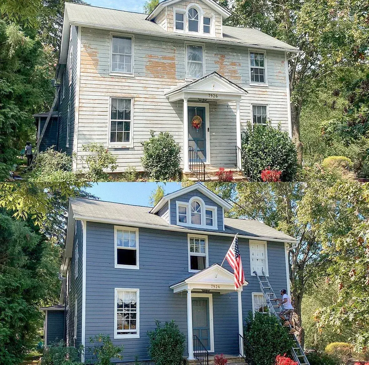 Before-and-after view of a colonial home repainted in blue with bright white trim