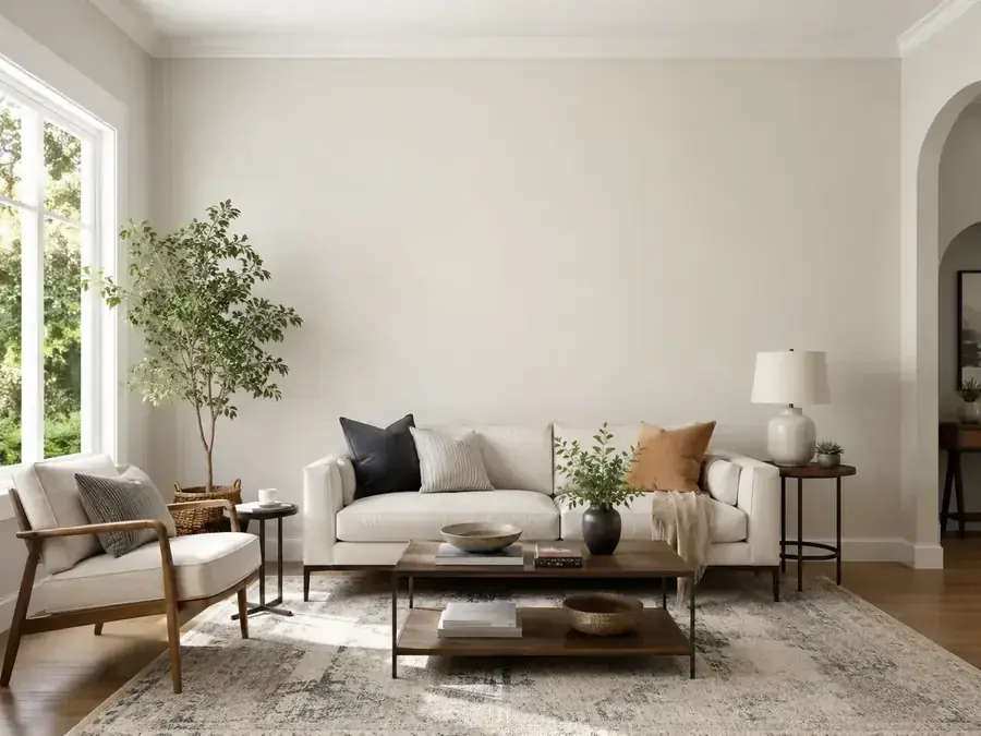 Neutral finished living room used to preview interior paint color directions