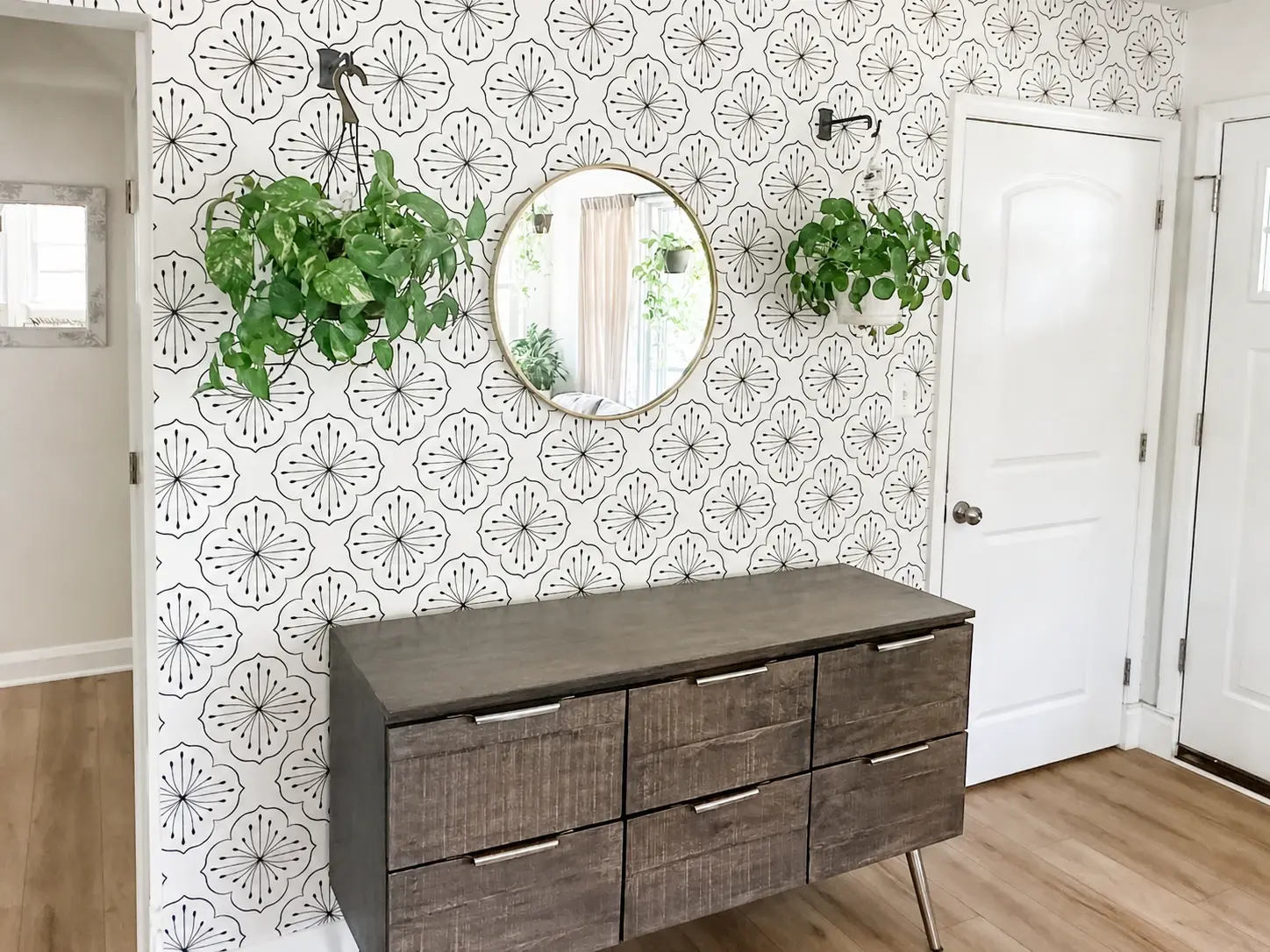 Finished wallpaper feature wall in a residential room