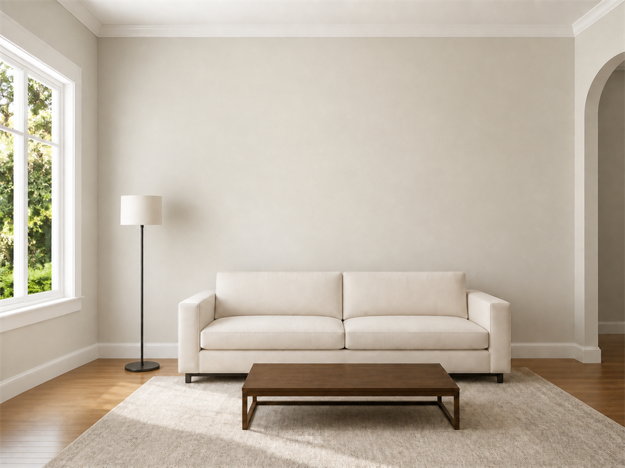 Simplified living room with a plain sofa, bare coffee table, and slim floor lamp used to preview wall colors
