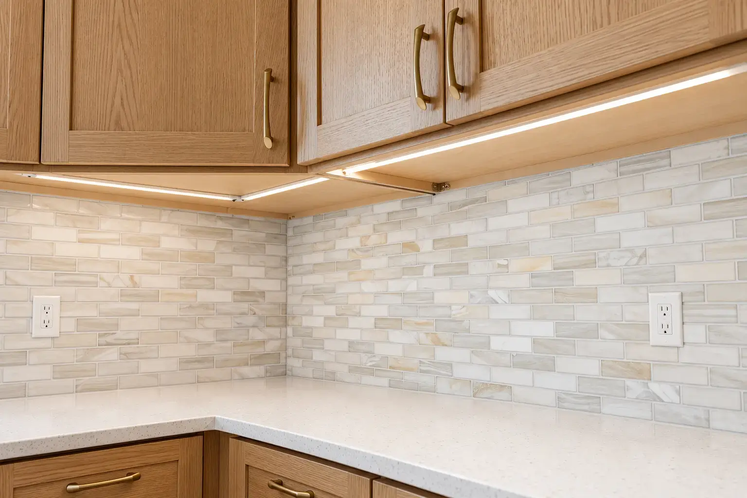 Finished neutral mosaic backsplash beneath warm wood cabinetry with a clean countertop