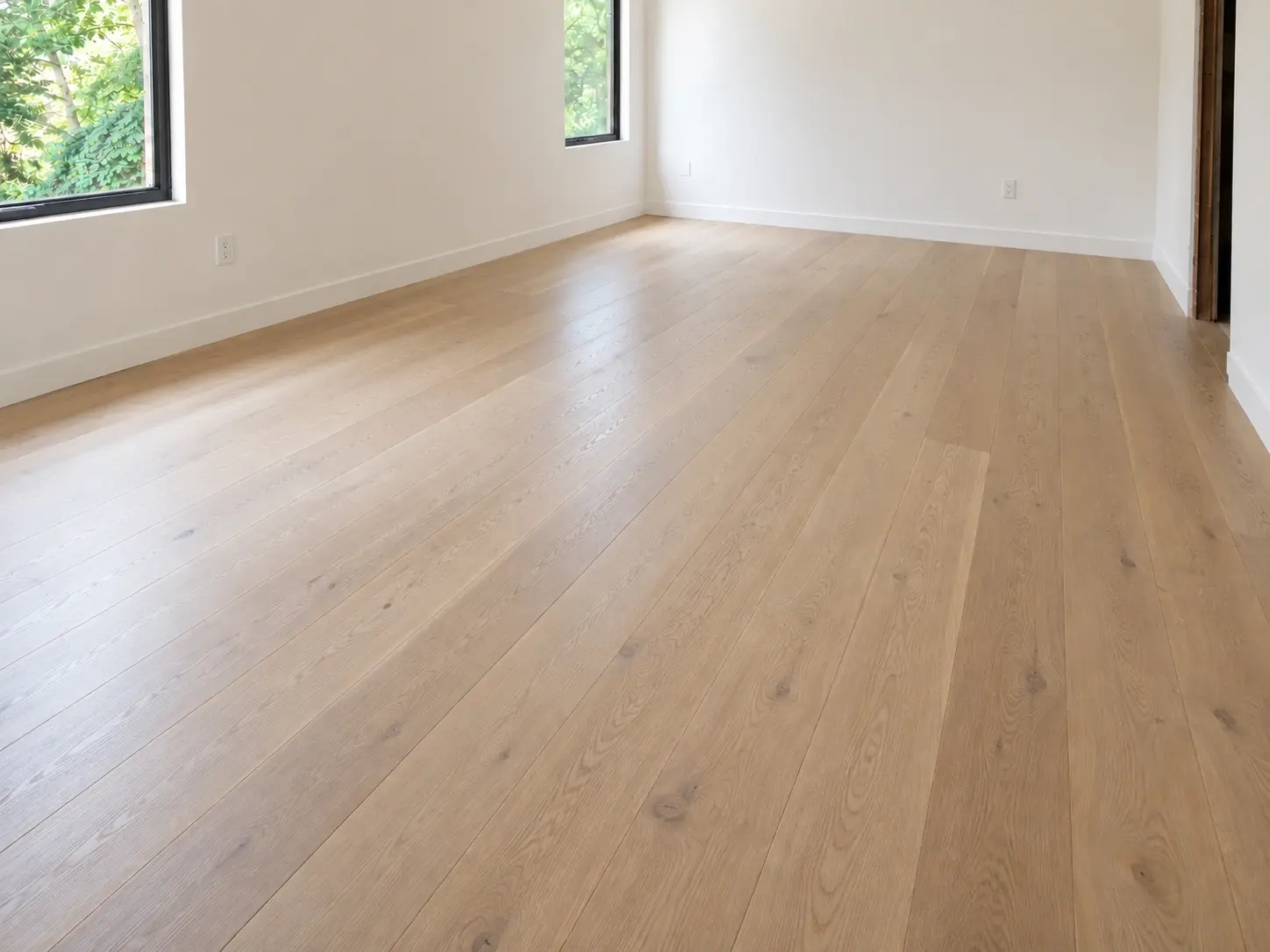 Finished light wood flooring with clean edges along the walls