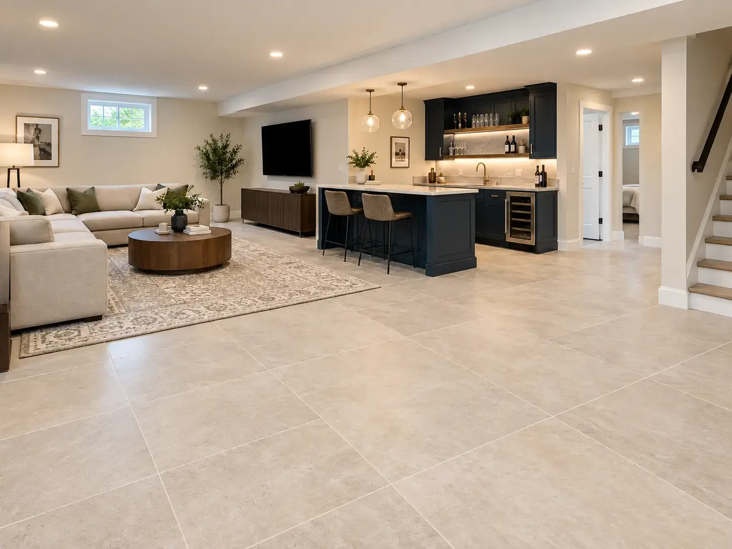 Finished basement lounge with seating, a dark wet bar and large-format tile flooring