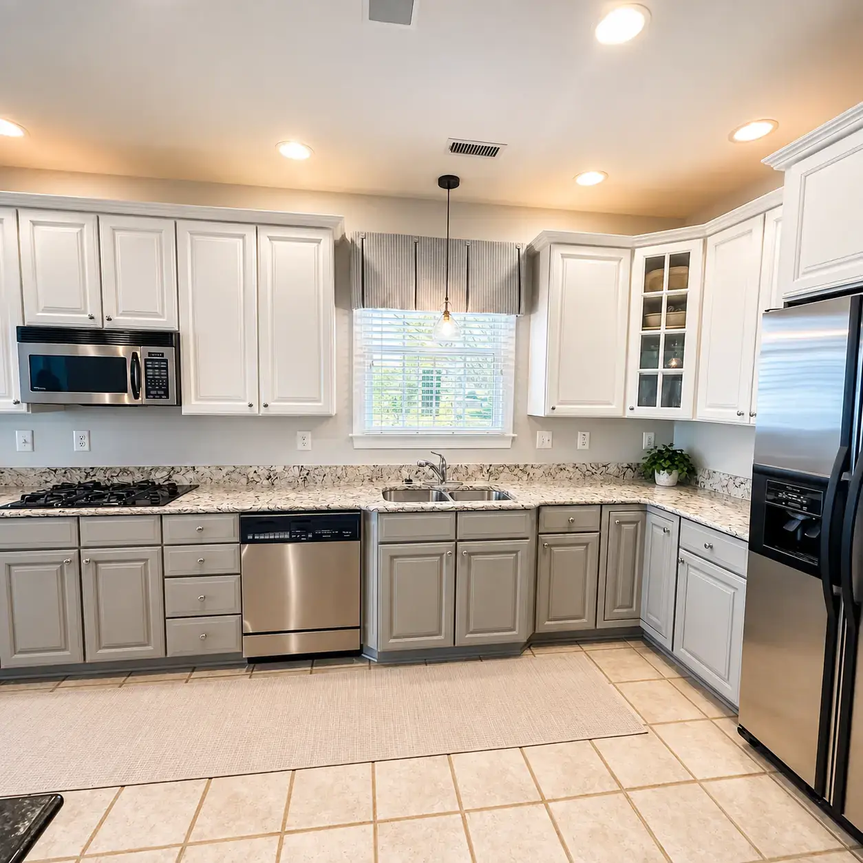 Finished two-tone kitchen with large square floor tile, fitted cabinets, and stainless appliances
