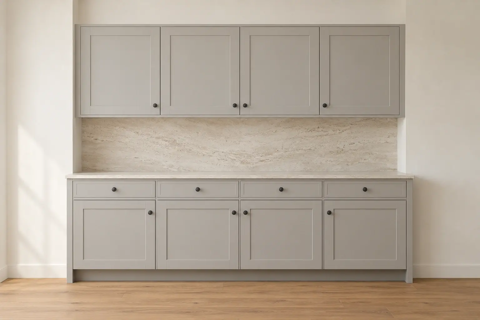 Custom planning illustration of upper and lower shaker cabinets with stone counters and dark knobs