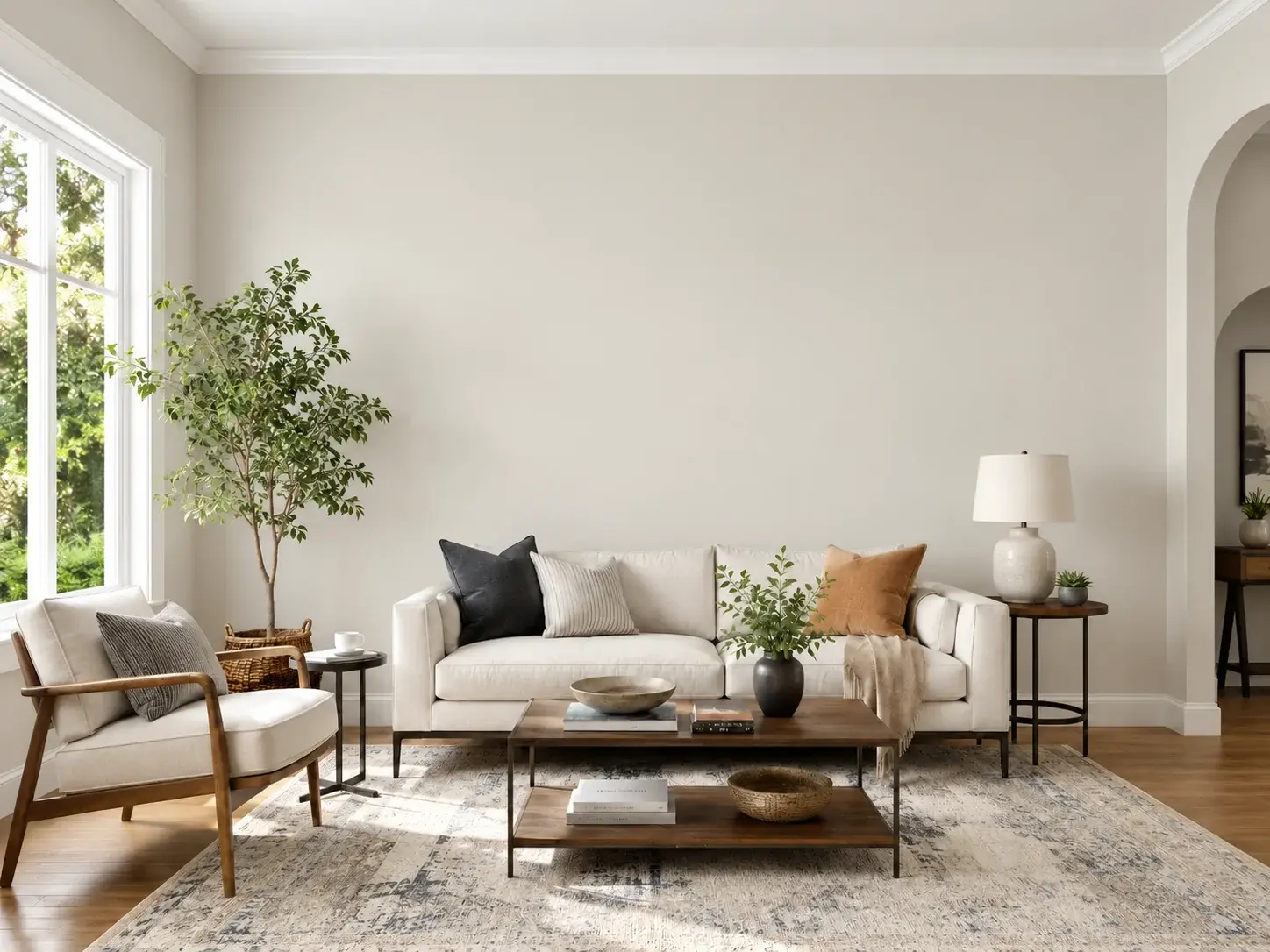 Finished living room with light neutral walls, pale seating, large windows and crisp white trim