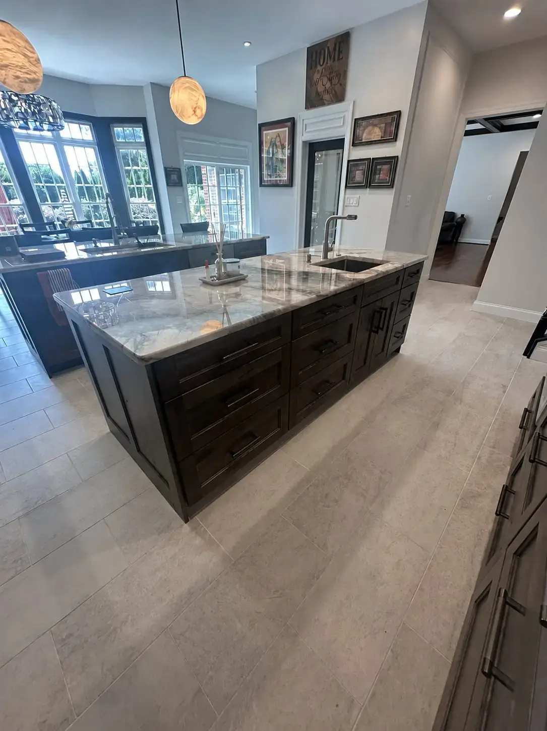 Long kitchen island with open walkway