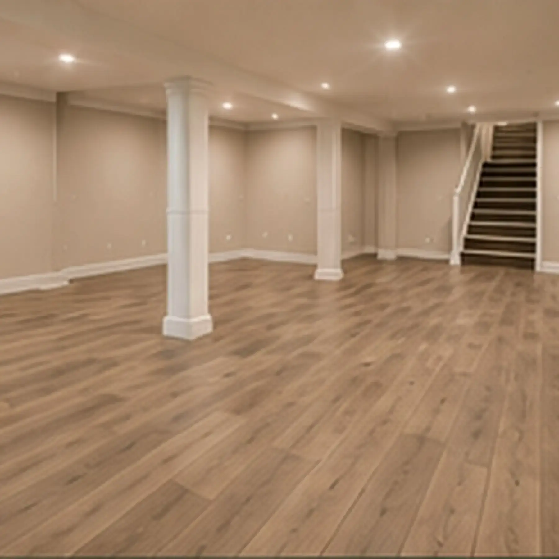 Finished open basement with continuous flooring, columns, recessed lighting, and a clear path to the stairs