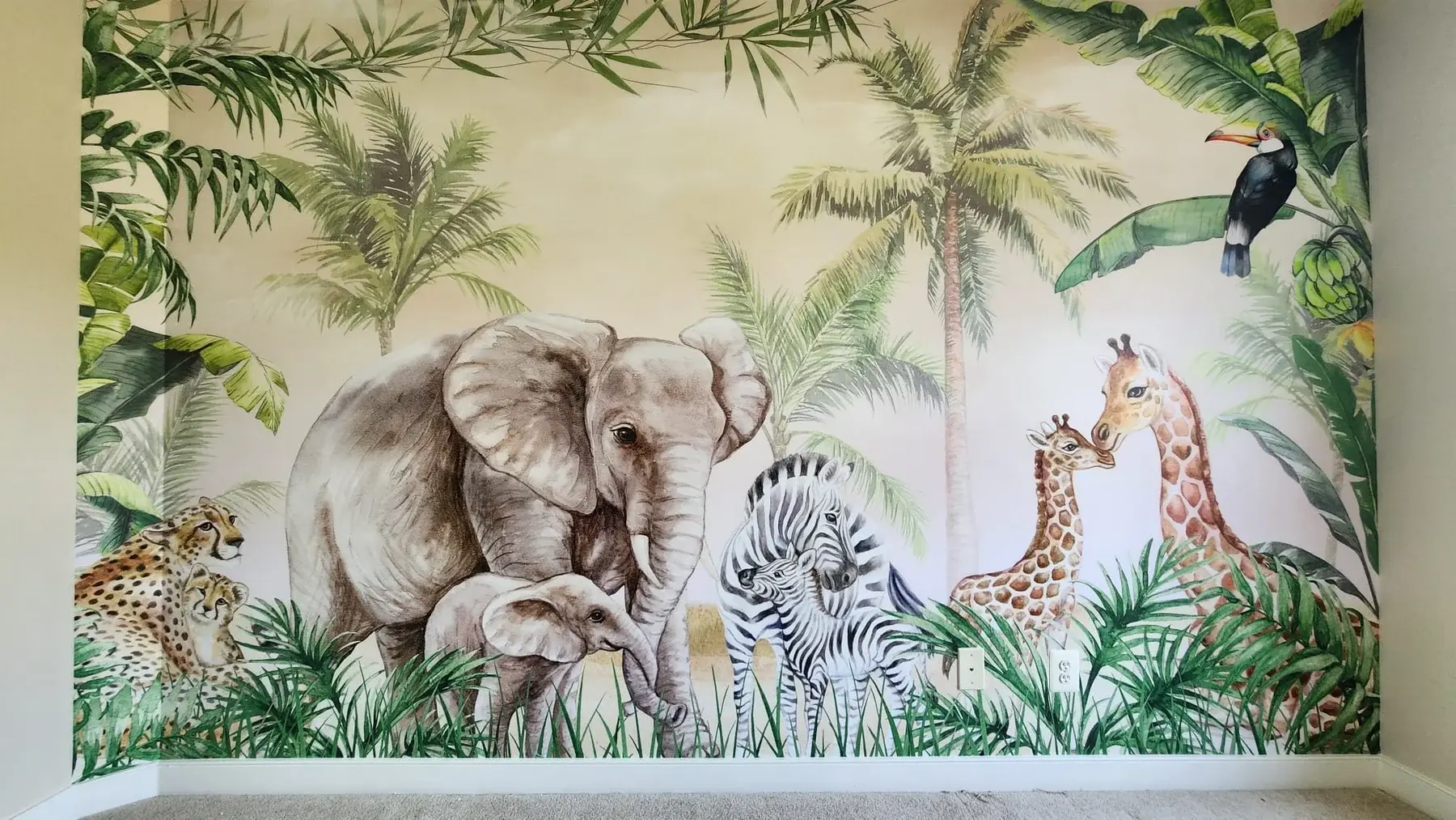 Finished illustrated animal mural wallcovering used as a polished feature wall