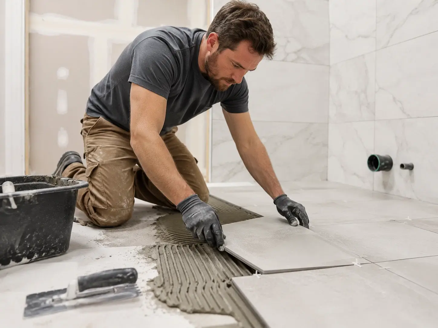 Tile installation and repair project in progress